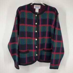 Vintage Tartan Plaid Cardigan Sweater Women Checked Knit Gold Buttons Tally-Ho
